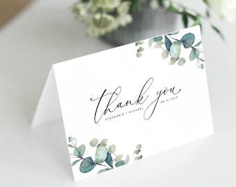 Eucalyptus Wedding Thank You Cards, Folded Wedding Thank You Cards Template, Printable Wedding Thank You Card, Templett, #007