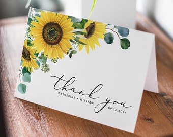 Zonnebloem bruiloft dank u kaarten, gevouwen bruiloft dank u notakaarten sjabloon, afdrukbare bruiloft dank u kaart, Templett, #015
