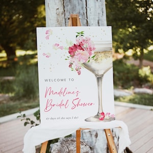 Cartel de bienvenida de despedida de soltera de pétalos y Prosecco, plantilla de signo de despedida de soltera floral rosa imprimible, signo de ducha editable, Templett, #030
