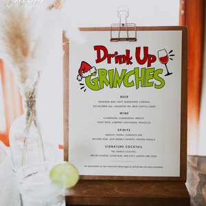 Christmas Bar Menu, Drink Up Grinches Bar Menu Sign, Printable Bar Sign Template, Editable Alcohol Menu Sign, Instant Download, Templett, C2
