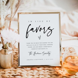 In Lieu of Favors Sign, In Lieu of Favors Donation Sign Template, Charity Favors Table Sign, Wedding Donation Sign, Templett, #016