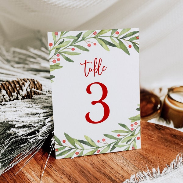 Christmas Table Numbers, Holiday Party Table Number Cards (4x6" & 5x7"), Holly Table Numbers, Printable Table Number Download, Templett, #C1