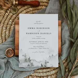 Mountain Wedding Invitation Template, Watercolor Forest Wedding Invitation, Printable Wedding Invitation, Instant Download, Templett, #022