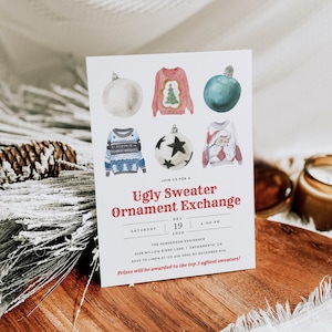 Ugly Sweater Ornament Exchange Party Invitation, Printable Christmas Party Invitation, White Elephant Holiday Party Invitation, Templett