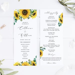 Sonnenblumen Hochzeit Programm Vorlage, Rustikale Sonnenblumen Eukalyptus Hochzeitszeremonie Programme, druckbare Hochzeitsprogramm Karten, Templett, #015