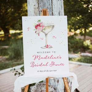 Cartel de bienvenida de despedida de soltera de pétalos y Prosecco, plantilla de signo de despedida de soltera floral rosa imprimible, signo de ducha editable, Templett, #030