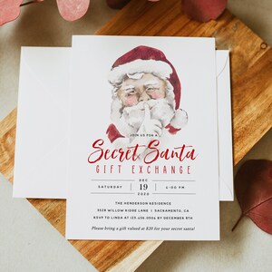 May include: A red and white Secret Santa gift exchange invitation with a watercolor illustration of Santa Claus holding his finger to his lips. The invitation includes the date, time, and location of the event. RSVP to Linda at 123-456-0504 by December 8th. Please bring a gift valued at $20 for your secret Santa!