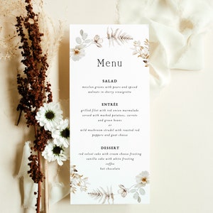 Boho Hochzeitsmenü Vorlage, Winter Wildblumen Hochzeitsmenükarten, druckbares Hochzeitsmenü, benutzerdefiniertes Hochzeitsmenükarten-Download, Templett, #008