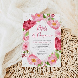 Petals and Prosecco Bridal Shower Invitation, Pink Floral Bridal Shower Invitation Template, Printable Bridal Shower Invite, Templett #030