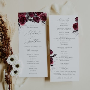 Plantilla de programa de boda gótica, programas de ceremonia de boda de Halloween, tarjetas de programa de boda imprimibles, descarga instantánea, Templett, #006