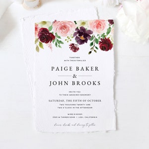 Burgundy and Blush Wedding Invitation Template, Floral Wedding Invitation Template Download, Burgundy Wedding Invitation Printable, #004