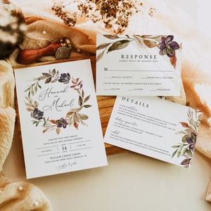 Fall Wedding Invitation Template Suite, Boho Autumn Wedding Printable Invitation Set, Fall Floral Wedding Invitation Suite, Templett, #003