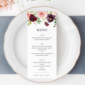 Modello di carta per menu di nozze bordeaux e fard, carte per menu di nozze stampabili, download di carte per menu di nozze floreali, Templett #004