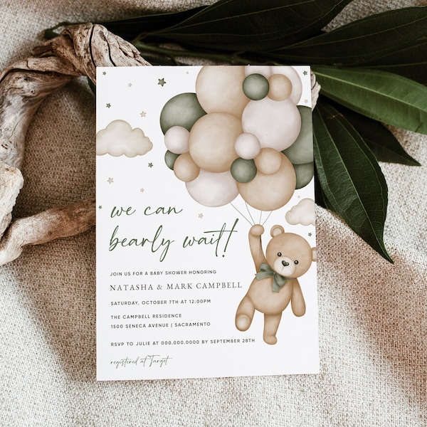 Gender Neutral We Can Bearly Wait Baby Shower Invitation, Teddy Bear Baby Shower Invitation Template, Bear Theme Baby Shower, Templett #15B