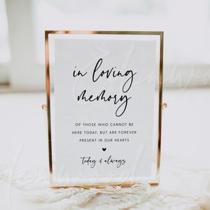 May include: A gold-framed sign with a white background and black text that reads "in loving memory" and "Of those who cannot be here today, but are forever present in our hearts. Today & always".