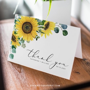 Cartes de remerciement de mariage de tournesol, modèle de cartes de remerciement de mariage plié, carte de remerciement de mariage imprimable, Templett, #015