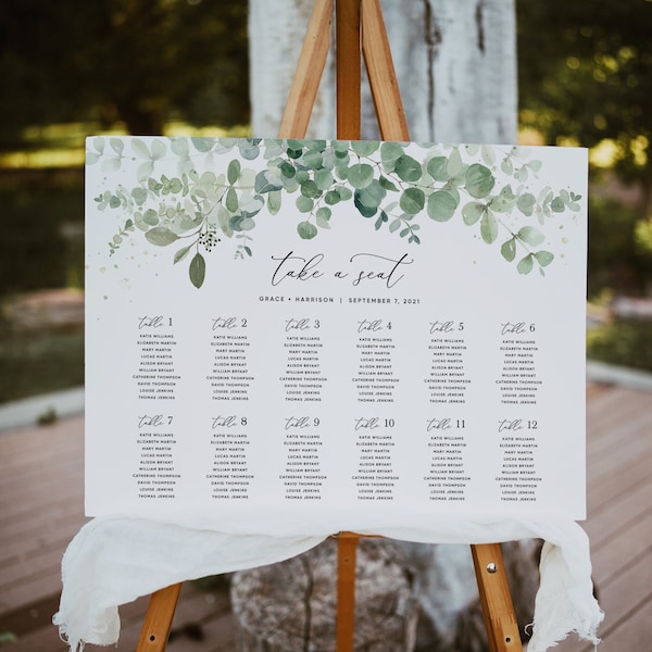 Eucalyptus Wedding Seating Chart Template (24x36" & 36x24"), Greenery Wedding Seating Printable, Wedding Seating Chart Sign Templett, #002