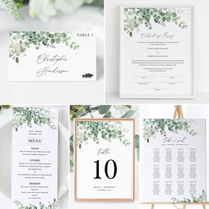 May include: Wedding invitation suite with a eucalyptus and gold foil design. The suite includes a certificate of marriage, a table number card, a menu card, and a seating chart. The text on the certificate of marriage reads "Certificate of Marriage". The text on the table number card reads "table 10". The text on the menu card reads "MENU". The text on the seating chart reads "take a seat".