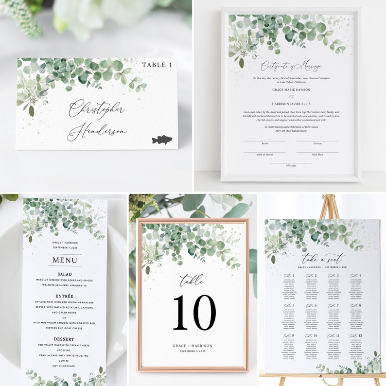 Eucalyptus Greenery Wedding Template Bundle, Boho Wedding Invitation Set, Printable Wedding Suite Download, Templett Wedding Set, 002 image 4