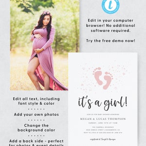 Pu&ograve; includere: Un invito a baby shower rosa e bianco con un design di impronta di piede rosa e il testo "&egrave; una bambina!"  Unisciti a noi per la baby shower in onore di Megan & Lucas Thompson. Domenica 14 giugno alle 11:00. La residenza Campbell. 2000 Seneca Street | Sacramento, CA. RSVP a Lydia al 000.000.0000 entro l'8 giugno. Registrato presso Target & Amazon.