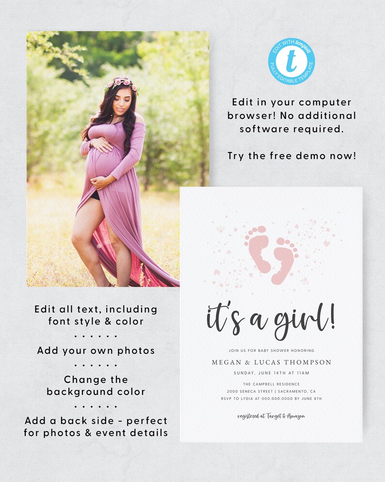 Pu&ograve; includere: Un invito a baby shower rosa e bianco con un design di impronta di piede rosa e il testo "&egrave; una bambina!"  Unisciti a noi per la baby shower in onore di Megan & Lucas Thompson. Domenica 14 giugno alle 11:00. La residenza Campbell. 2000 Seneca Street | Sacramento, CA. RSVP a Lydia al 000.000.0000 entro l'8 giugno. Registrato presso Target & Amazon.