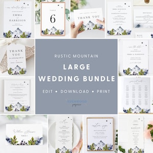 Rustic Mountain Wedding Template Bundle, Rustic Wedding Invitation Set, Printable Wedding Suite Download, Outdoor Wedding Set Templett, #009