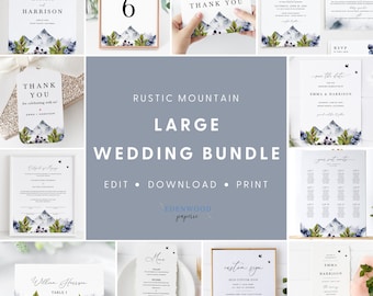 Rustic Mountain Wedding Template Bundle, Rustic Wedding Invitation Set, Printable Wedding Suite Download, Outdoor Wedding Set Templett, #009
