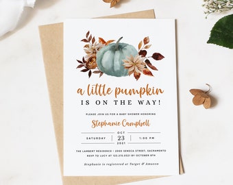 Pumpkin Baby Shower Invitation Template, Fall Baby Shower Invitation Printable, Little Pumpkin on the Way Baby Shower, Templett, #09B