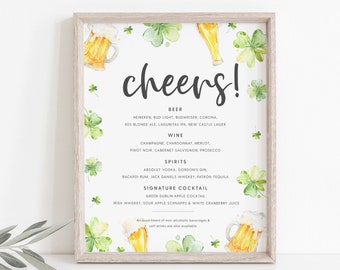 St. Patrick's Day Bar Menu, Editable St. Paddy's Day Bar Sign Template, Printable Alcohol Menu Sign, Instant Download, Templett, #SPD