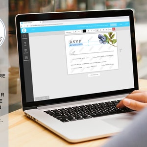 May include: A laptop computer displaying a blueberry themed RSVP card template. The template is editable and can be personalized with text and colors. The text on the screen reads "RSVP by April 15th".