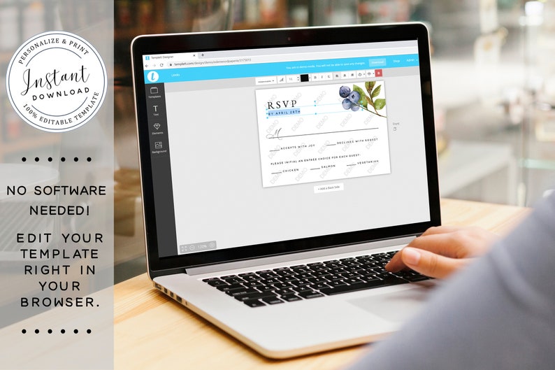 May include: A laptop computer displaying a blueberry themed RSVP card template. The template is editable and can be personalized with text and colors. The text on the screen reads "RSVP by April 15th".