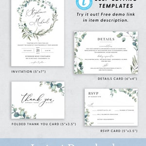 Boho Wedding Invitation Template, Eucalyptus Greenery Wedding Invitation Suite, Printable Wedding Invitation Set Download Templett, 007 image 2