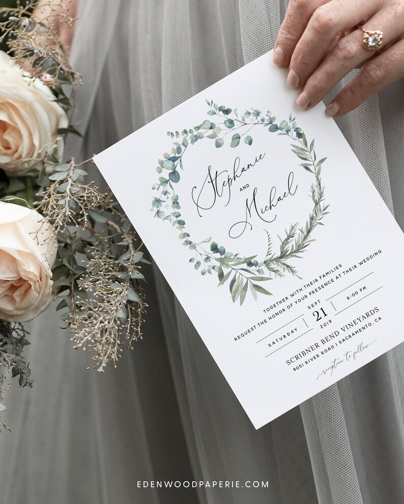 Boho Wedding Invitation Template, Eucalyptus Greenery Wedding Invitation Suite, Printable Wedding Invitation Set Download Templett, 007 image 9
