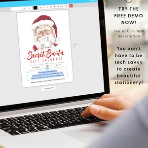 May include: A digital design template for a Secret Santa gift exchange invitation. The template features a watercolor illustration of Santa Claus with a finger to his lips, and the text "Secret Santa Gift Exchange". The template includes details for the event, such as the date, time, and location.