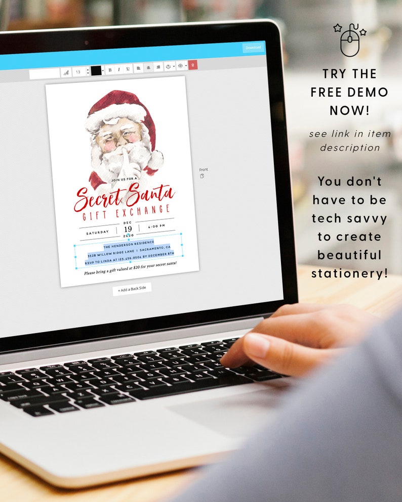 May include: A digital design template for a Secret Santa gift exchange invitation. The template features a watercolor illustration of Santa Claus with a finger to his lips, and the text "Secret Santa Gift Exchange". The template includes details for the event, such as the date, time, and location.