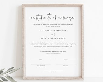 Modern Wedding Marriage Certificate Keepsake, Decorative Marriage Certificate, Printable Marriage Certificate Download, Templett, #021
