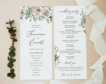Succulent Wedding Program Template, Floral Succulent Wedding Program Cards, Printable Wedding Programs, Order of Events, Templett, #024