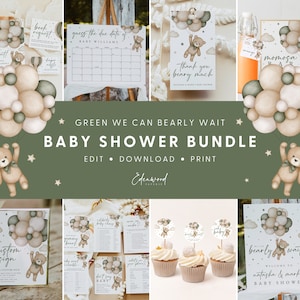 We Can Bearly Wait Baby Shower Invitation Bundle, Gender Neutral Baby Shower Bundle, Green Teddy Bear Baby Shower Bundle, Templett, #15B