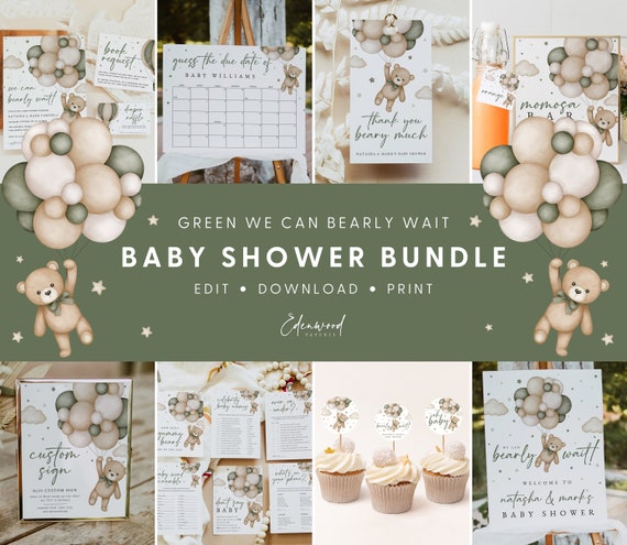 We Can Bearly Wait Baby Shower Invitation Bundle, Gender Neutral Baby Shower Bundle, Green Teddy Bear Baby Shower Bundle, Templett, #15B