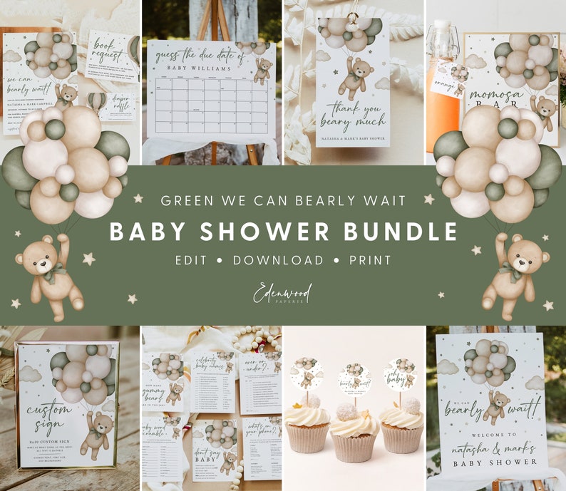 Puede incluir: Un paquete de imprimibles para baby shower con un esquema de color verde y marr&oacute;n. El dise&ntilde;o presenta un osito de peluche sosteniendo globos con una nube y estrellas en el fondo. El texto "Green We Can Bearly Wait Baby Shower Bundle" se muestra en el centro de la imagen.