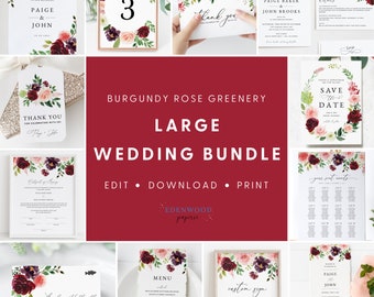 Burgundy Wedding Template Bundle, Burgundy Rose Wedding Invitation Set, Printable Wedding Invitation Download, Wedding Sign Bundle, #004