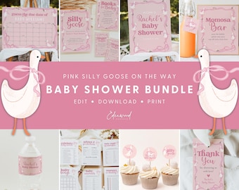 Silly Goose Baby Shower Invitation Bundle, Pink Girl Goose Baby Shower Bundle, Pink Bow Silly Goose Baby Shower Bundle, Templett, #16B