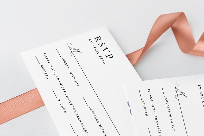 May include: RSVP card with a black and white design. The card has a section for guests to indicate their attendance and meal choice. The text reads "RSVP by April 28th" and "Please initial an entree choice for each guest: Chicken, Salmon, Declines with regrets."