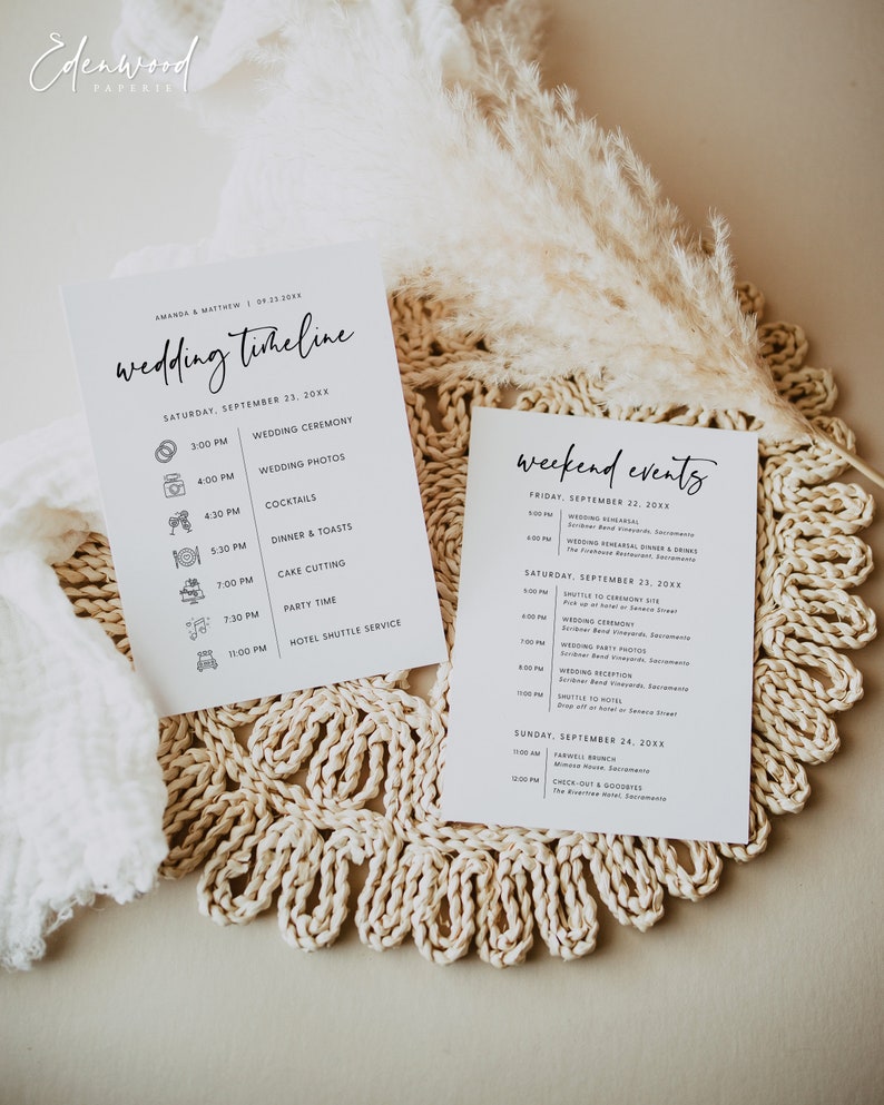 May include: A wedding timeline and weekend events schedule printed on two white cards. The cards are laid out on a woven straw placemat. The wedding timeline includes the wedding ceremony, photos, cocktails, dinner and toasts, cake cutting, party time, and hotel shuttle service. The weekend events schedule includes a wedding rehearsal dinner and drinks, the wedding ceremony, reception, and a farewell brunch.