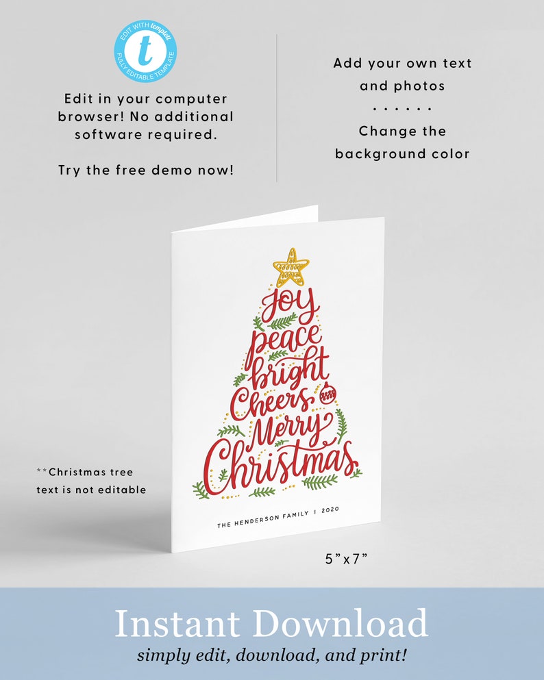 Folded Christmas Card Template, 5x7 Happy Holidays Greeting Card, Printable Christmas Cards, Editable Christmas Card Download, Templett image 2