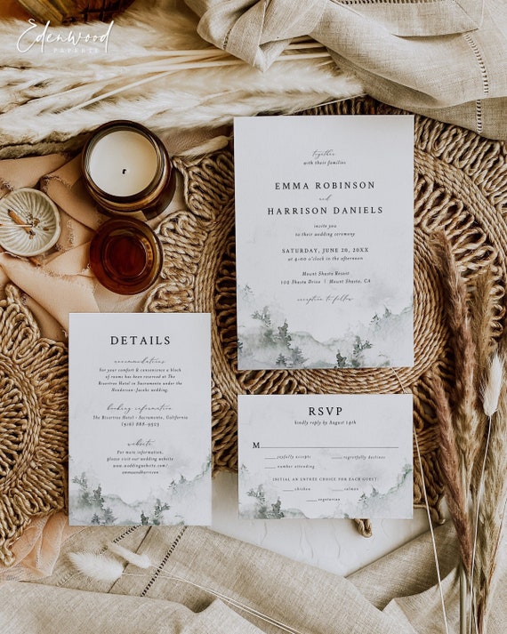 Mountain Wedding Invitation Template Suite, Watercolor Forest Wedding Invitation Set, Printable Wedding Invitation Suite, Templett, #022