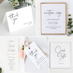 May include: A set of printable wedding signs with a modern calligraphy font. The signs include a welcome sign, a thank you sign, a cards and gifts sign, and a custom sign template. The signs are all white with black text.