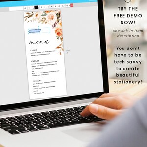 May include: A digital mockup of a wedding menu template with a floral design. The menu includes a salad, entree, dessert, coffee, and hot chocolate. The text on the menu reads "Harkan + Matthew, September 2, 2021".