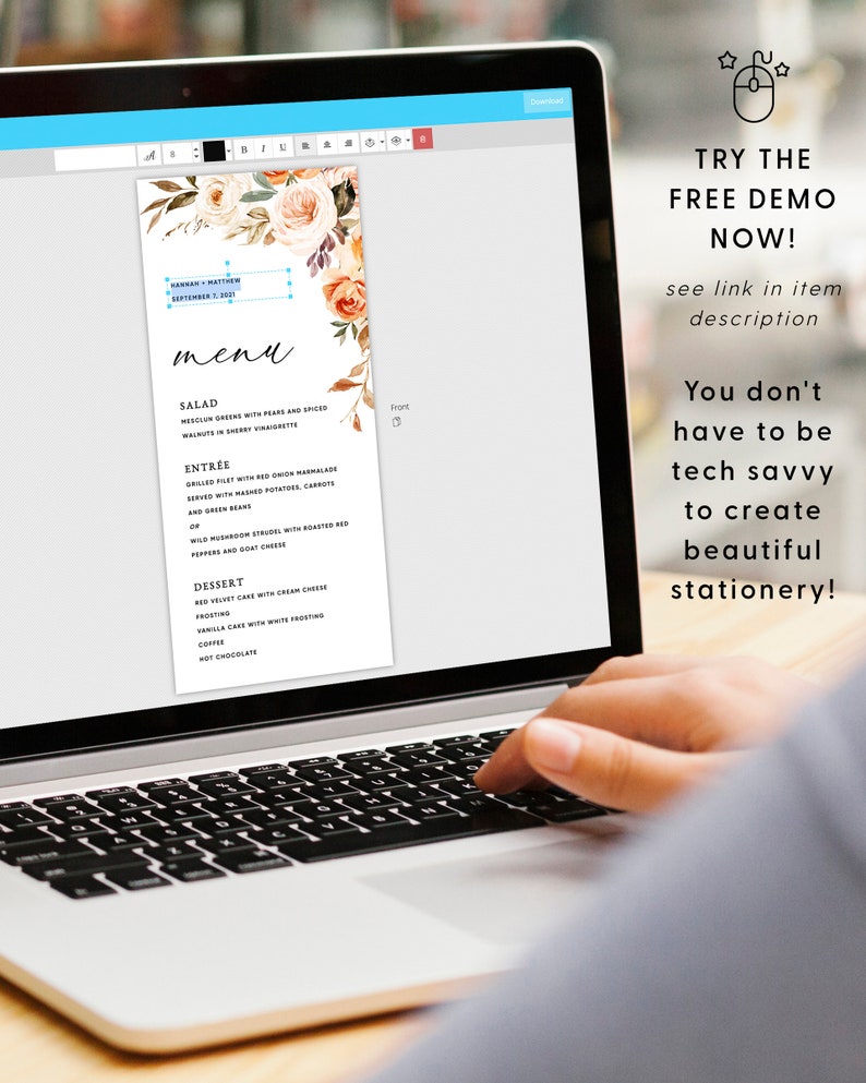 May include: A digital mockup of a wedding menu template with a floral design. The menu includes a salad, entree, dessert, coffee, and hot chocolate. The text on the menu reads "Harkan + Matthew, September 2, 2021".