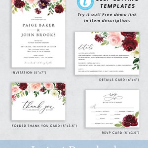 Burgundy and Blush Wedding Invitation Template, Floral Wedding Invitation Suite Download, Printable Burgundy Wedding Invitation Set, 004 image 2
